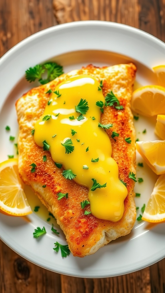 Crispy baked cod fillet with lemon butter sauce, garnished with parsley and lemon wedges on a rustic wooden table.